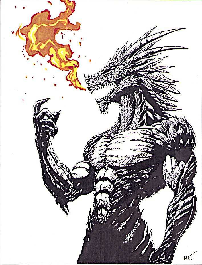 illustration/dessin/print de Matmangart humanoïde transformer en demi dragon demi humain , réaliser a l'encre de chine et au feutre a alcool