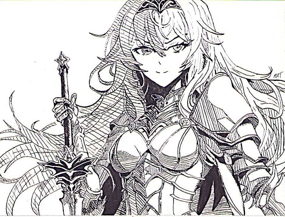 illustration/dessin/print de Matmangart guerrier de la lumière tenant fièrement son épée réaliser a l'encre de chine