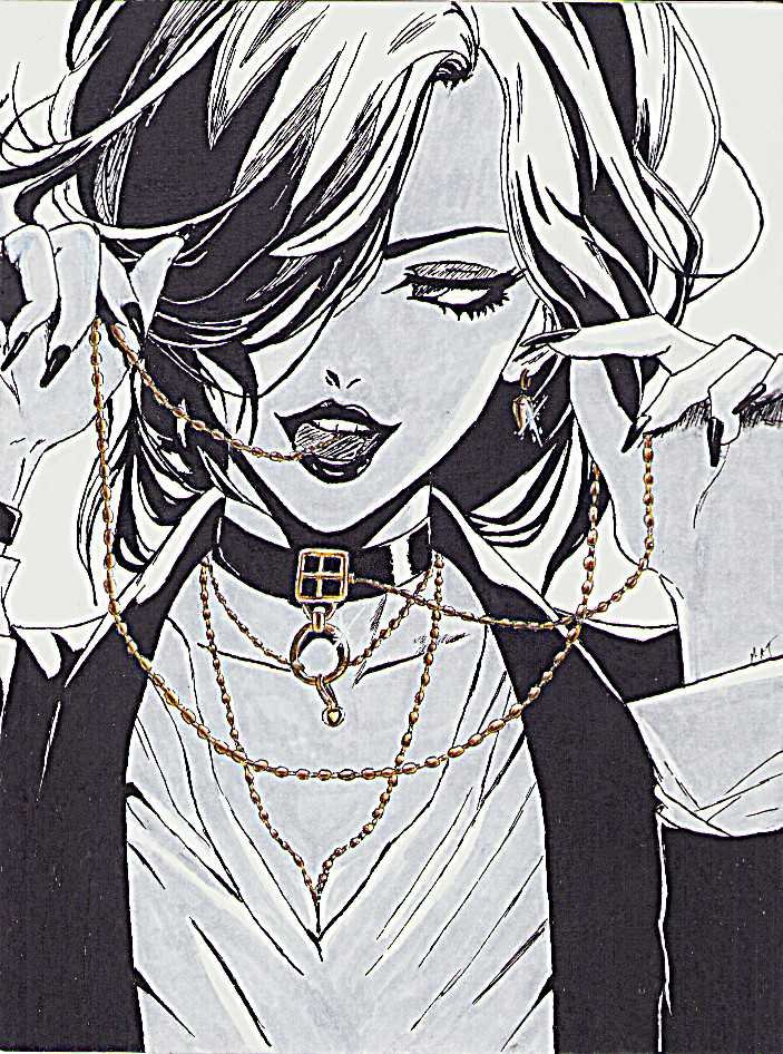 illustration/dessin/print de Matmangart femme moderne jouant de ces chaine en or réaliser encre de chine , feutre a alcool et crayons de couleurs