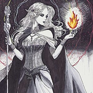 illustration/dessin/print de Matmangart elfe magicienne tenant une flamme dans ca main, réaliser a l'encre de chine et feutre a alcool