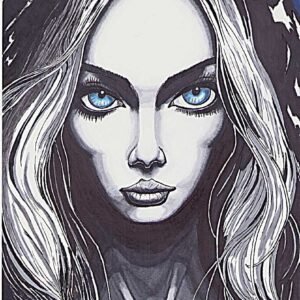 illustration/dessin/print de Matmangart femme mystérieuse sous une capuche juste ces grand yeux bleue ressorte réaliser a l'encre de chine , feutre a alcool et crayons de couleurs