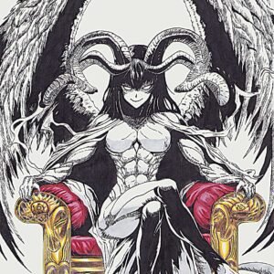 illustration/dessin/print de Matmangart reine succube posant fièrement sur son luxurieux trône en attendant que le héro viennent la défier , réaliser a l'encre de chine feutre a alcool et crayons de couleurs