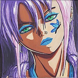 illustration/dessin/print de Matmangart tomoe personnage que j'ai créé , elle a les cheveux rose et violet , un tatouage de papillon sur la joue et un tatouage avec des fleurs sur l'épaule gauche , réaliser a la peinture acrylique et posca