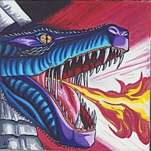 illustration/dessin/print de Matmangart petit tableau d'un dragon cracheur de feu , dans un style très manga , réaliser a la peinture acrylique et au posca