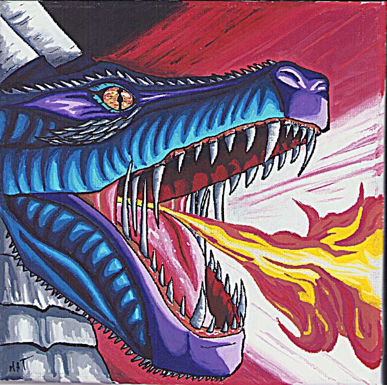 illustration/dessin/print de Matmangart petit tableau d'un dragon cracheur de feu , dans un style très manga , réaliser a la peinture acrylique et au posca