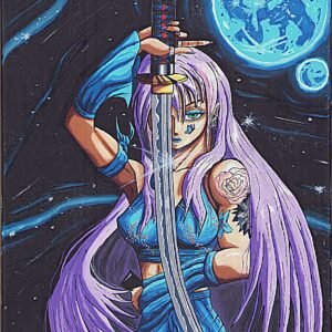 illustration/dessin/print de Matmangart tomoe personnage que j'ai créé , elle a les cheveux rose et violet , un tatouage de papillon sur la joue et un tatouage avec des fleurs sur l'épaule gauche , elle tiens un katana devant elle , réaliser a la peinture acrylique et posca