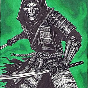 illustration/dessin/print de Matmangart samouraï squelette réaliser a l'encre de chine et feutre a alcool