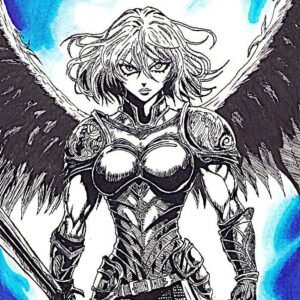 illustration/dessin/print de Matmangart valkyrie avançant sont arme a la main , réalisation encre de chine et feutre a alcool