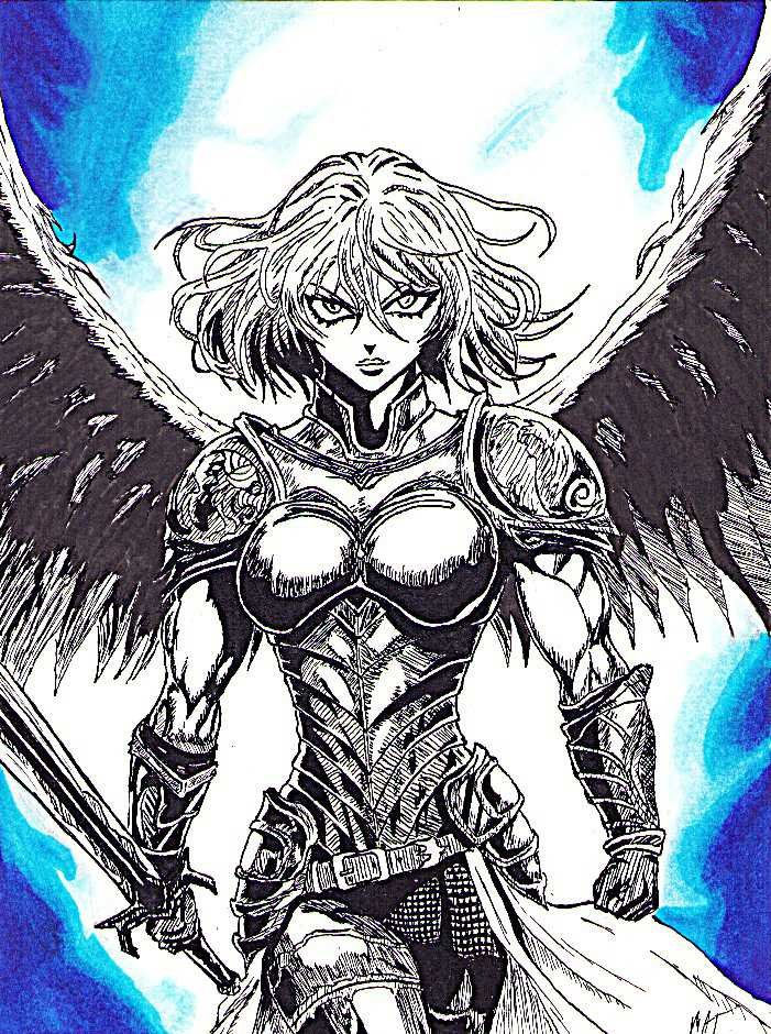 illustration/dessin/print de Matmangart valkyrie avançant sont arme a la main , réalisation encre de chine et feutre a alcool