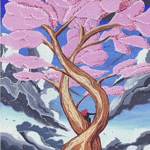 illustration/dessin/print de Matmangart cerisier centenaire qui centre lasse avec deux tronc , devant un temps plus que nuageux il resplendit , on peux apercevoir entre ces tronc un être assis regardant l'horizon , réaliser a la peinture acrylique et au posca